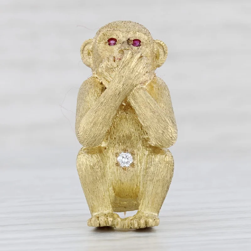 elegant engagement rings for women-Speak No Evil Monkey Brooch Diamond Ruby 18k Yellow Gold Pin Animal Jewelry