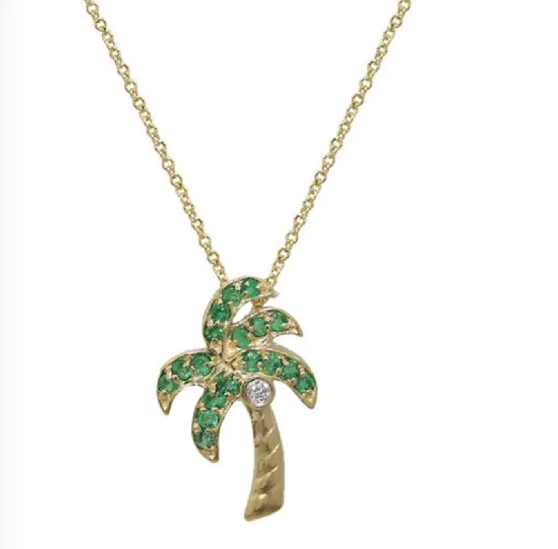 sapphire necklace for women-14K Yellow Gold Diamond and Emerald Palm Tree Pendant