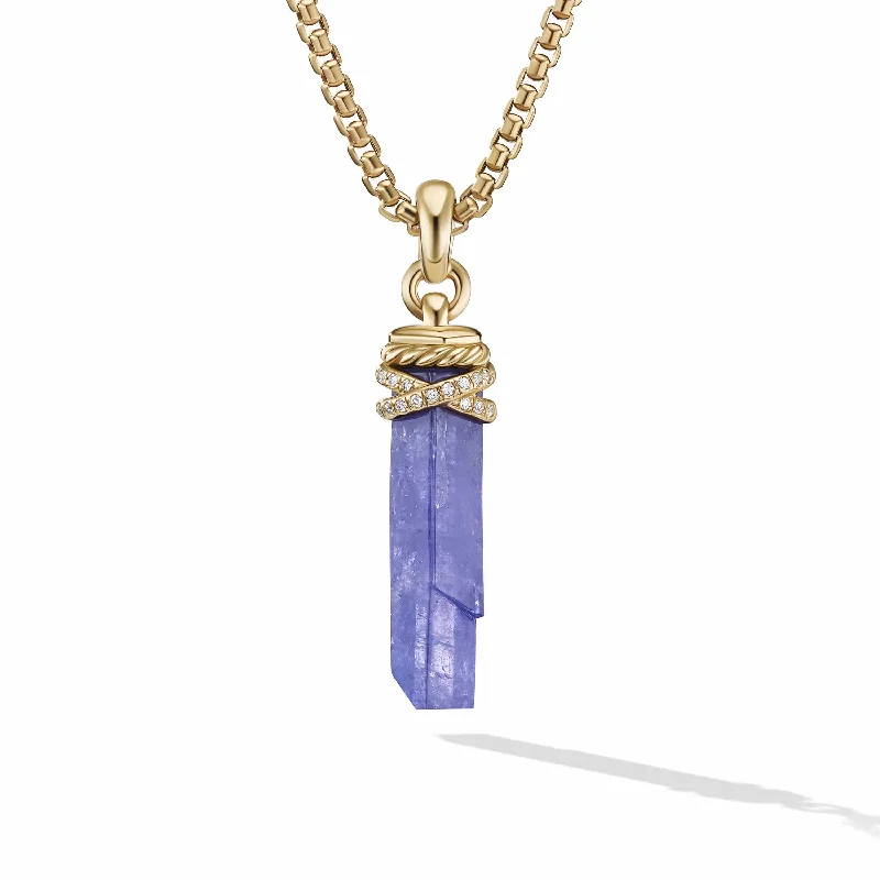 multi-layered necklace for women-Wrapped Tanzanite Crystal Amulet with 18K Yellow Gold and Pave Diamonds