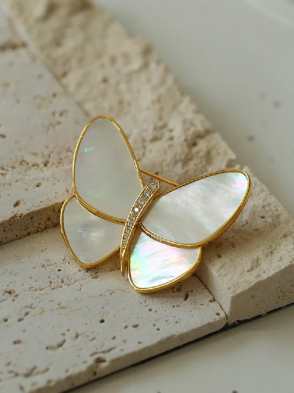 floral brooch for women-Elegant White Mother of Pearl Butterfly Brooch