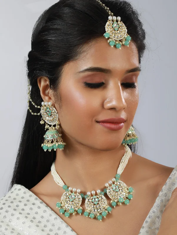 dainty gold necklace for women-Gold-Plated Sea Green & White Kundan Studded & Beaded Enamelled Handcrafted Jewellery Set