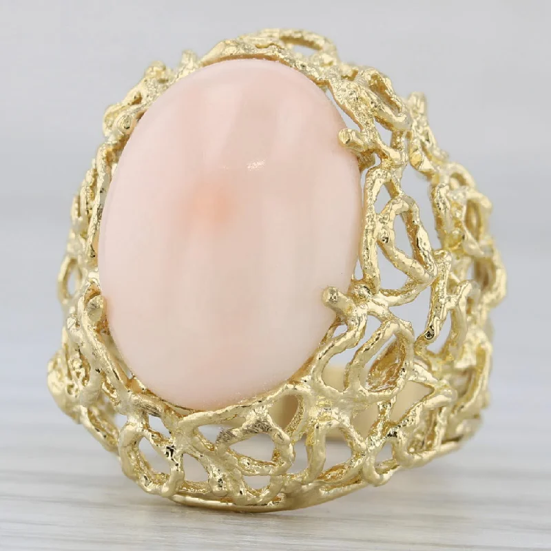 engagement rings with side diamonds for women-Light Pink Coral Openwork Statement Ring 18k Yellow Gold Size 6 Oval Cabochon