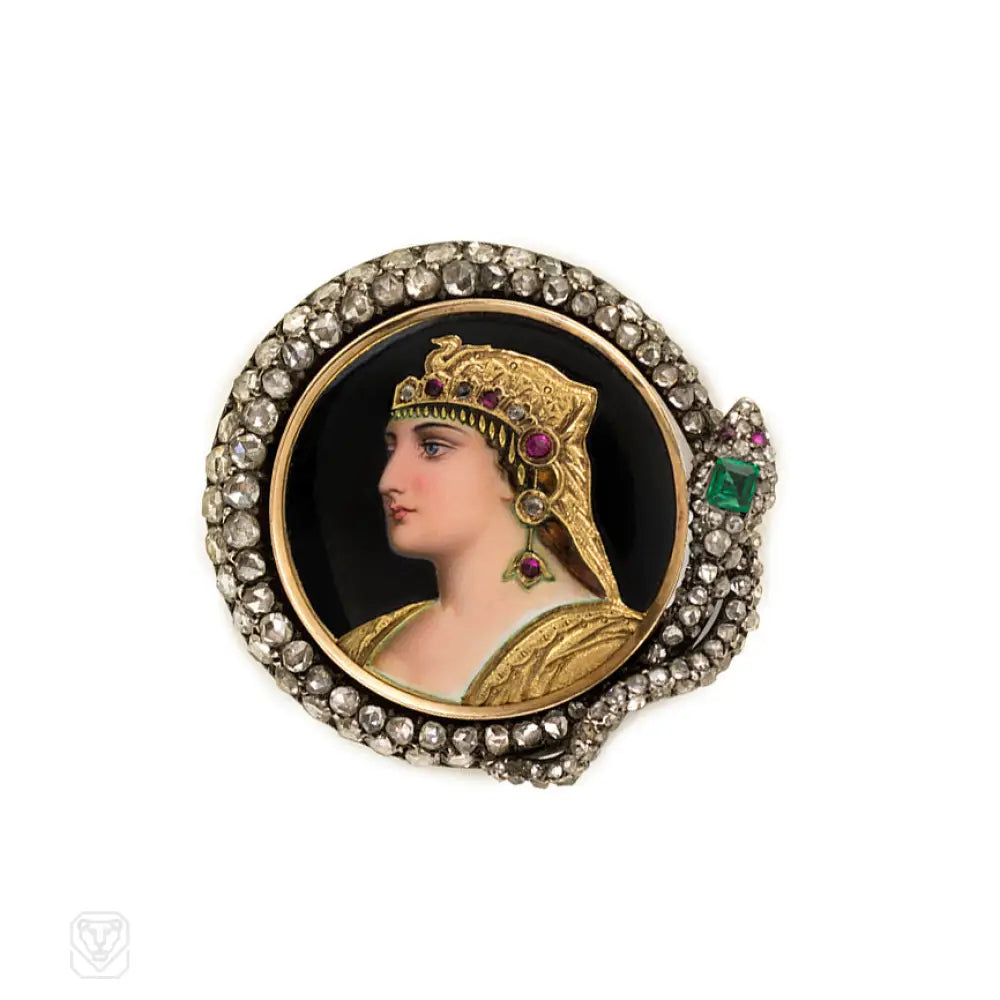 intricate crystal brooch for women-Antique enamel and gemset brooch of Cleopatra