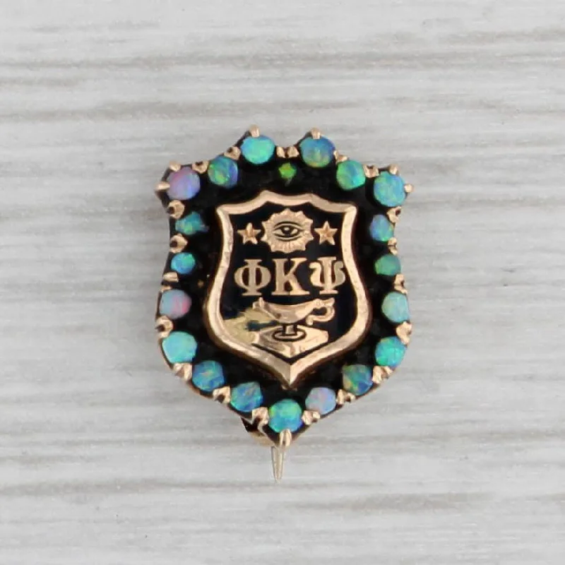 stackable engagement rings for women-Phi Kappa Psi Opal Shield Badge 14k Gold Enamel Fraternity Pin Antique 1904