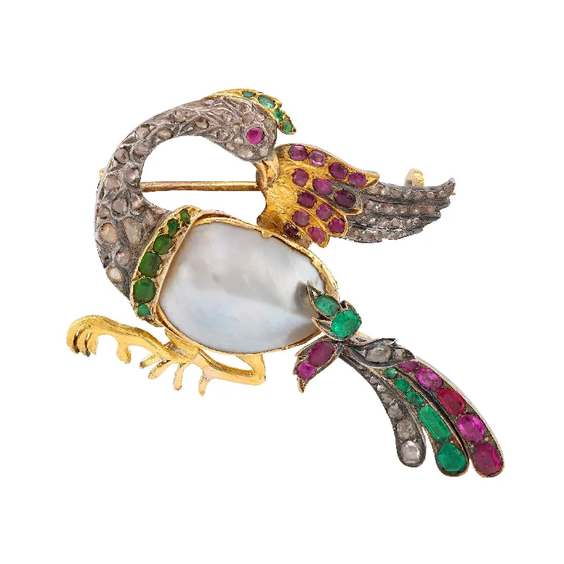 luxurious rhinestone brooch for women-Antique Pearl Emerald Ruby Peridot Diamond Gold and Silver Bird Brooch