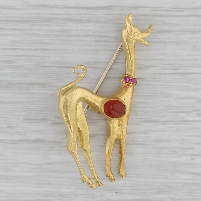 unique diamond engagement rings for women-Jeweled Deer Brooch 18k Yellow Gold Lab Created Ruby Glass Statement Pin