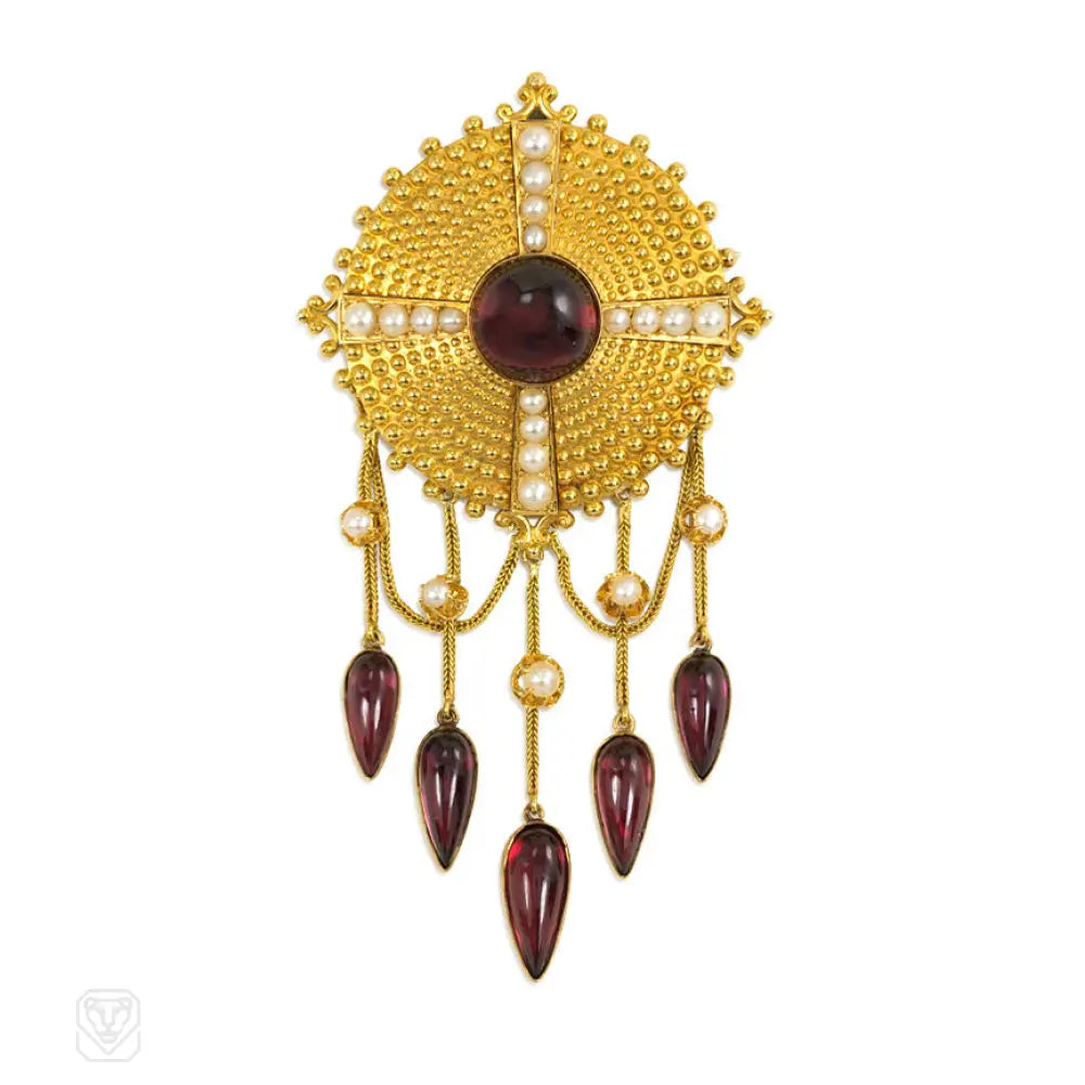 elegant jewel brooch for women-Antique gold, garnet and pearl pendant brooch