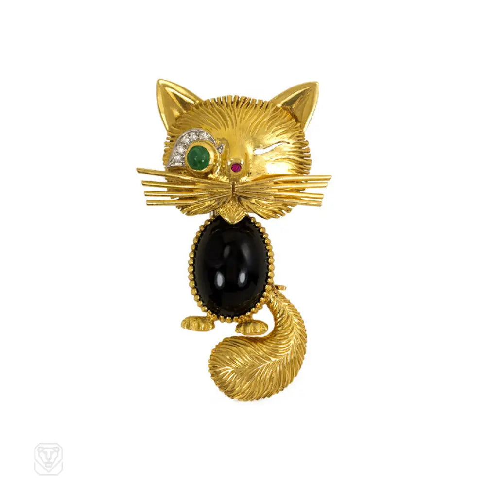 animal brooch for women-Gold and onyx cat brooch, Van Cleef & Arpels