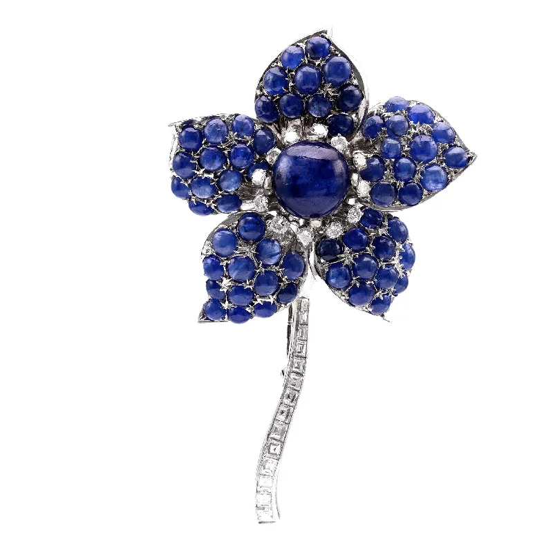 unique animal brooch for women-Mid-Century 33 Carat Cabochon Sapphire Diamond 18K White Gold Flower Brooch