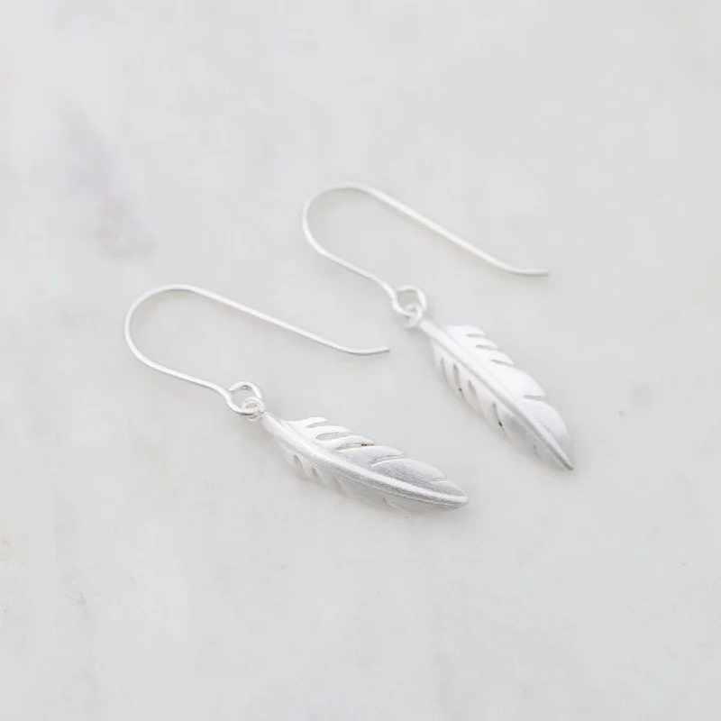 chic hoop earrings for women-Tiny Feather Earrings - Brushed Sterling Silver