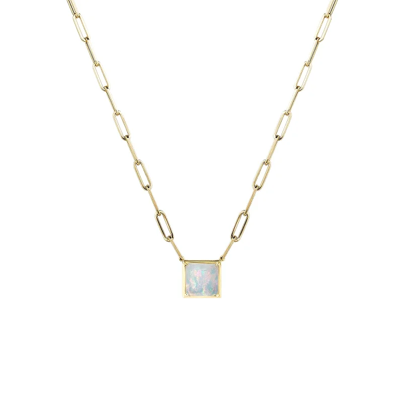 elegant diamond necklace for women-Square Shaped Opal Pendant with Paperclip Chain