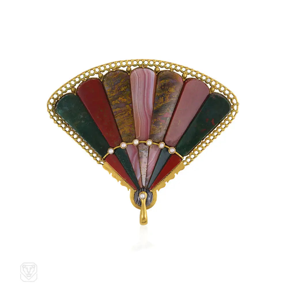 elegant leaf brooch for women-Antique Scottish agate fan pendant brooch