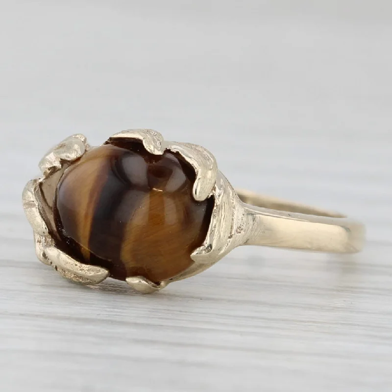 sapphire and diamond engagement rings for women-Tiger's Eye Leaf Ring 10k Yellow Gold Size 6.25 Oval Cabochon