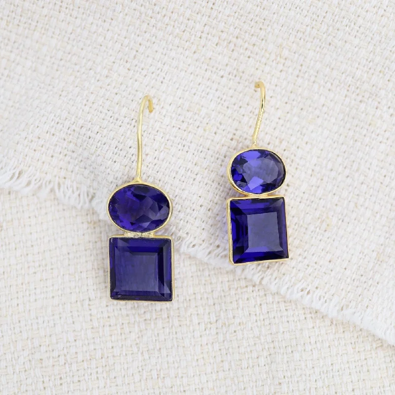 gold drop earrings with diamonds for women-Oval Square Blue Iolite Earrings