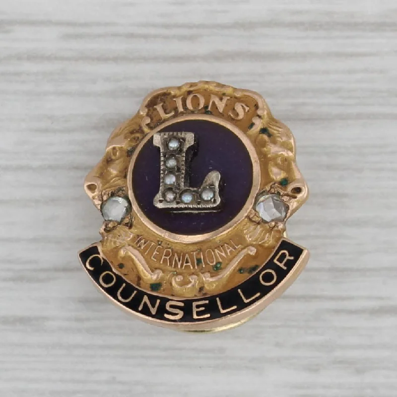 moissanite engagement rings for women-Vintage Lions Club Counsellor Pin 10k Gold Diamond Purple Enamel