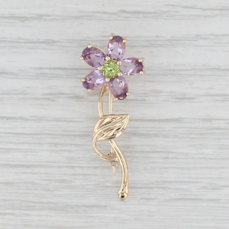 minimalist engagement rings for women-2.55ctw Amethyst Peridot Flower Brooch 10k Yellow Gold Floral Pin