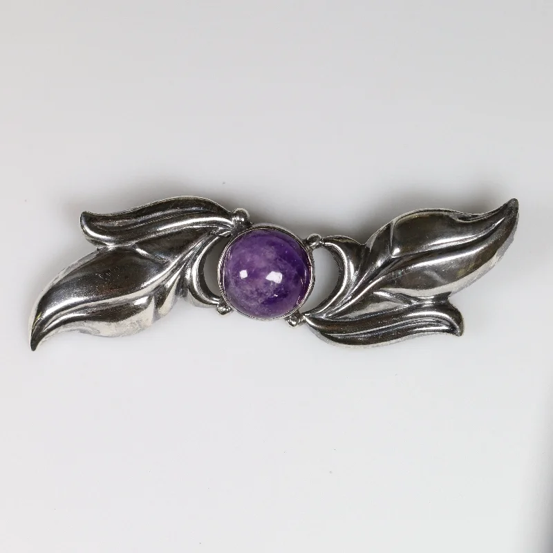 sophisticated brooch for women-Vintage Silver Mexican Jewelry | Amethyst Floral Brooch