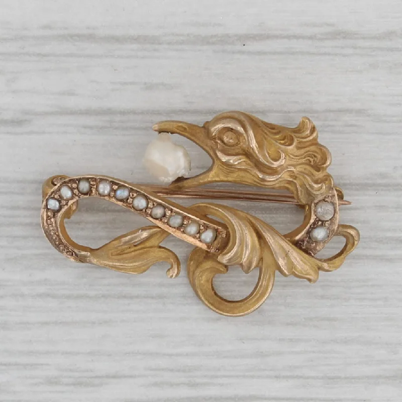 two-tone engagement rings for women-Art Nouveau Cultured Baroque Pearl Dragon Pin 10k Yellow Gold Antique Brooch