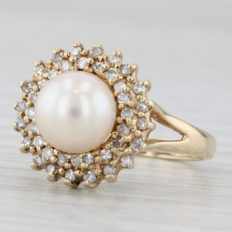 channel set engagement rings for women-0.20ctw Diamond Halo Cultured Pearl Ring 14k Yellow Gold Size 4