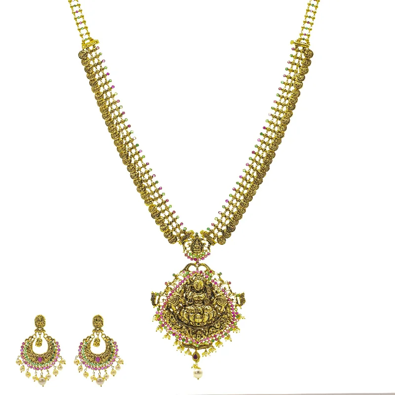 custom gemstone necklace for women-22K Gold Haathee Antique Laxmi Temple Set