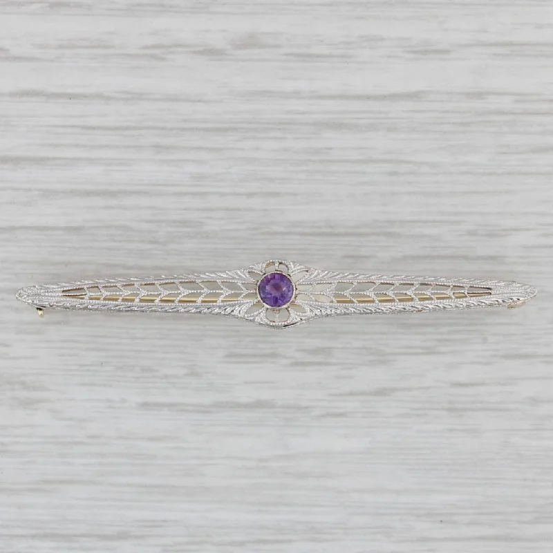 engagement rings with side stones for women-0.20ct Amethyst Solitaire Art Déco Vintage Bar Brooch 14k Gold Platinum Pin