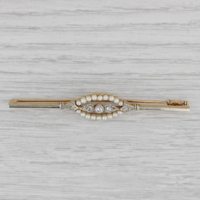 two-tone engagement rings for women-Vintage Pearl Diamond Bar Pin 14k Yellow Gold Brooch