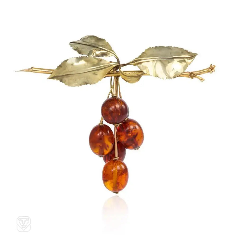 rhinestone and pearl brooch for women-Retro gold cherry amber brooch