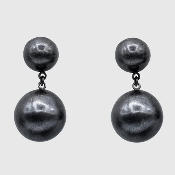 layered drop earrings for women-Oxidized Sterling Silver Large Ball Drop Stud Earrings