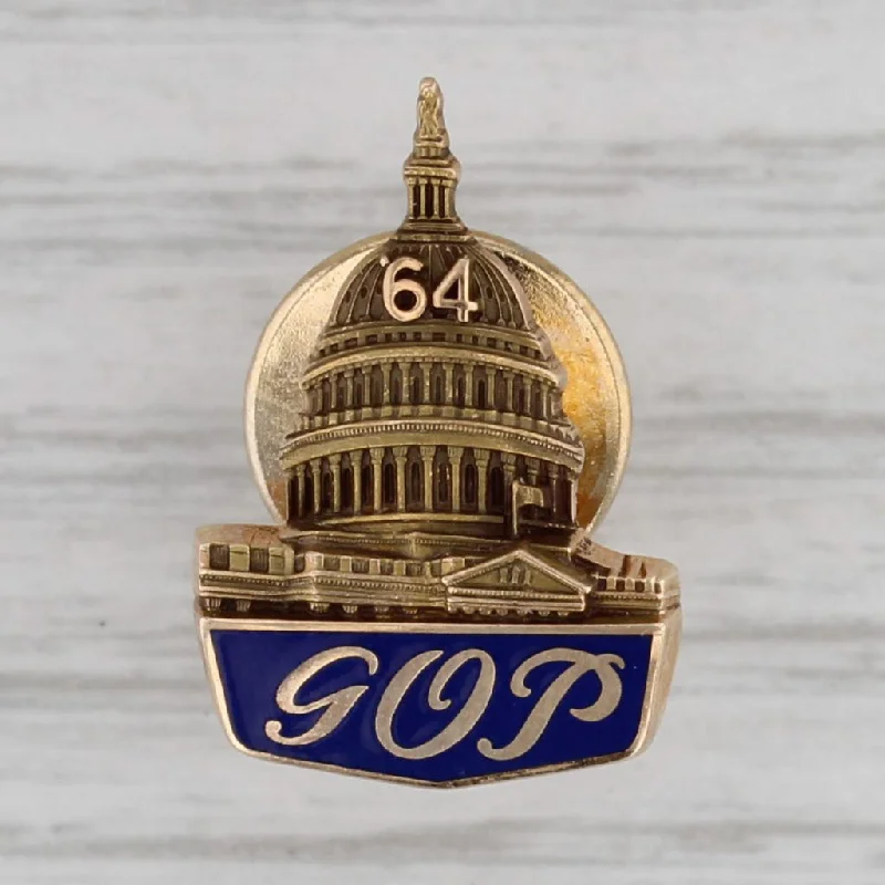 cushion cut halo engagement rings for women-Vintage GOP 1964 Capitol Building Pin 10k Gold Enamel Lapel Tie Tac