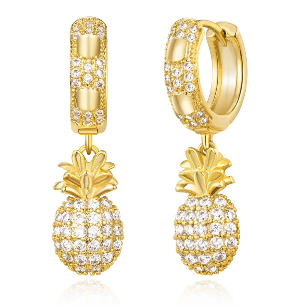 gold flower earrings for women-14K Gold Huggies Hoop Dangle Drop Earrings- Pineapple hoop