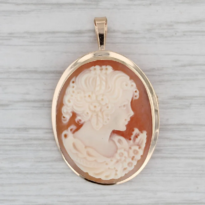 engagement rings with side stones for women-Carved Shell Cameo Pendant Brooch 14k Yellow Gold Vintage Pin