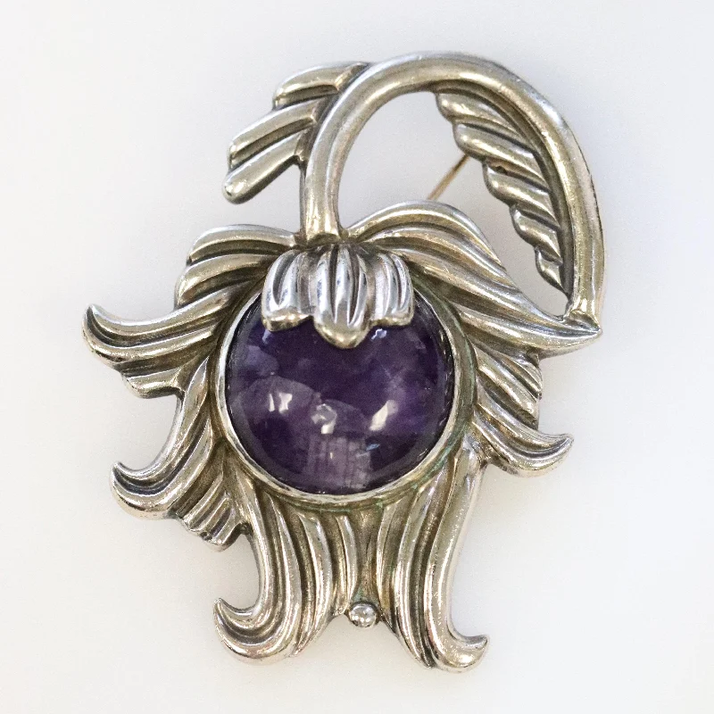 classic floral brooch for women-Vintage Los Castillo Taxco Silver Mexican Jewelry | Mid Century Amethyst and Silver Brooch