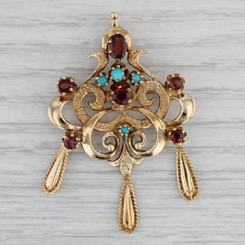 vintage engagement rings for women-Vintage Garnet Glass Brooch Pendant 14k Yellow Gold Ornate Pin