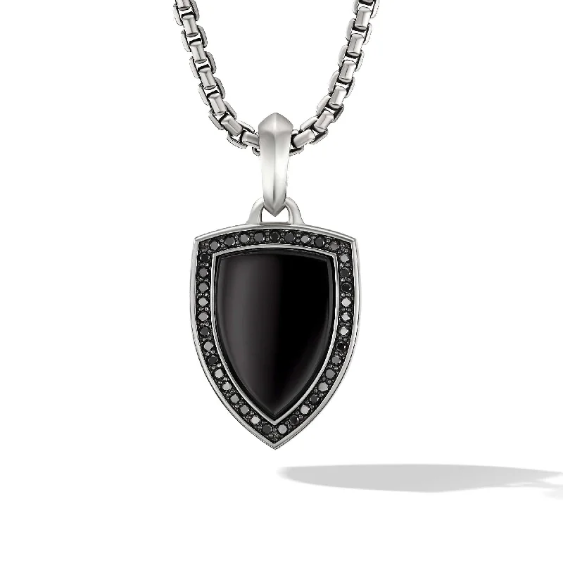 diamond teardrop necklace for women-Shield Amulet in Sterling Silver with Black Onyx and Pave Black Diamonds