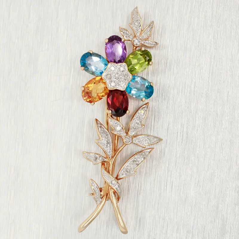 rhinestone flower brooch for women-JCR Rinker Flower Brooch Pin - Multi Gemstone & Diamonds - 14k Yellow Gold