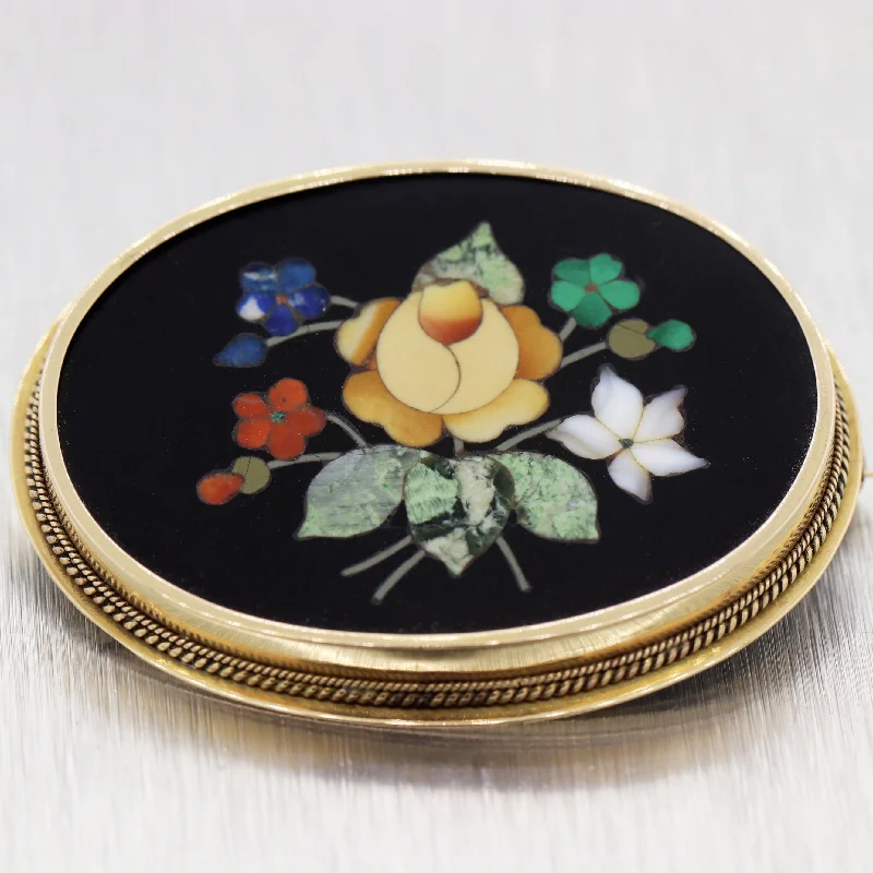 star brooch for women-Vintage Estate 18k Yellow Gold Pietra Dura Flower Pin Brooch