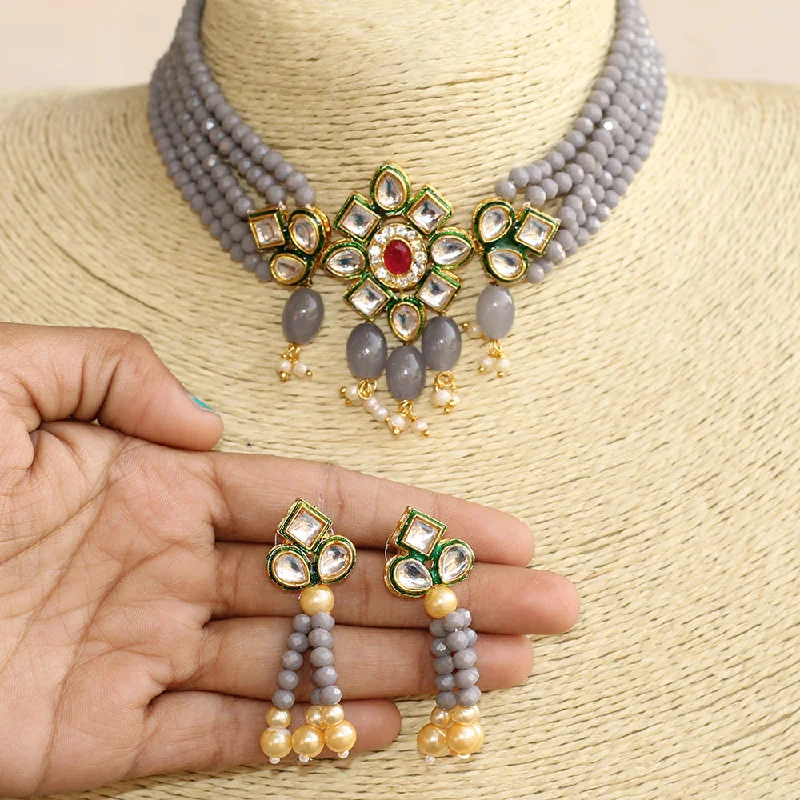 crystal pendant necklace for women-Beadsnfashion Glass Crystal Beaded Kundan Choker Set Grey