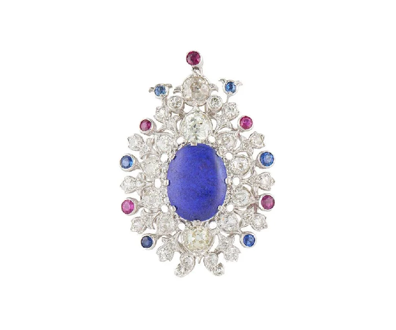 unique rhinestone brooch for women-Vintage 4.00ctw Diamond Lapis Sapphire and Ruby Pendant Brooch in Platinum