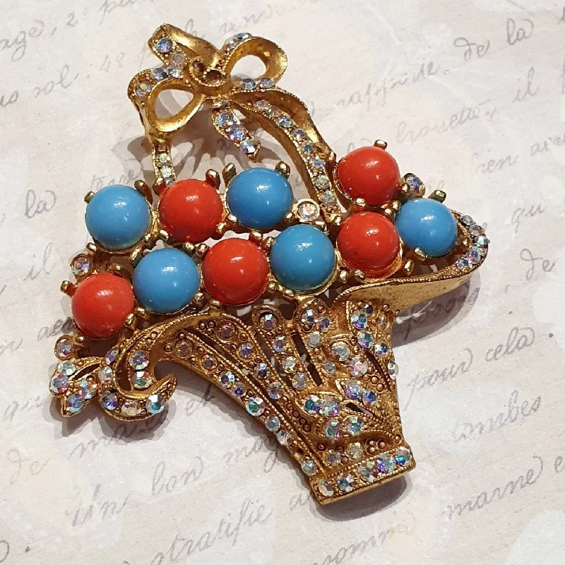 sparkling crystal flower brooch for women-Butler & Wilson Brooch Basket of Swarovski Crystal flowers Coral Turquoise Glass