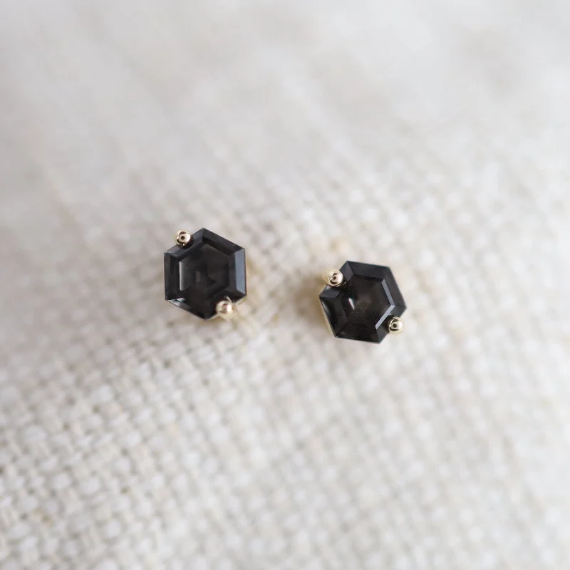 elegant silver earrings for women-Yellow Gold Hexagon Black Night Quartz Earrings