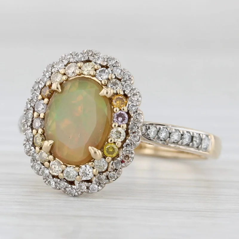 customized engagement rings for women-Colorful Opal Diamond Halo Ring 14k Yellow Gold Size 8.25