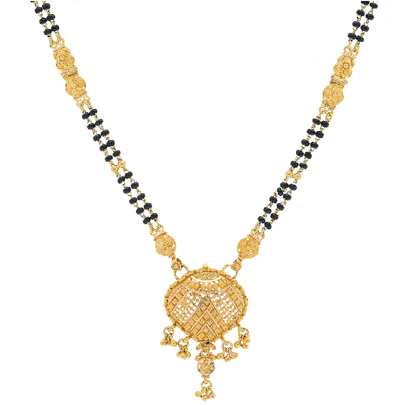 moon pendant necklace for women-22K Yellow Gold Mangalsutra Chain W/ Black Beads & Heavy Textured Pendant