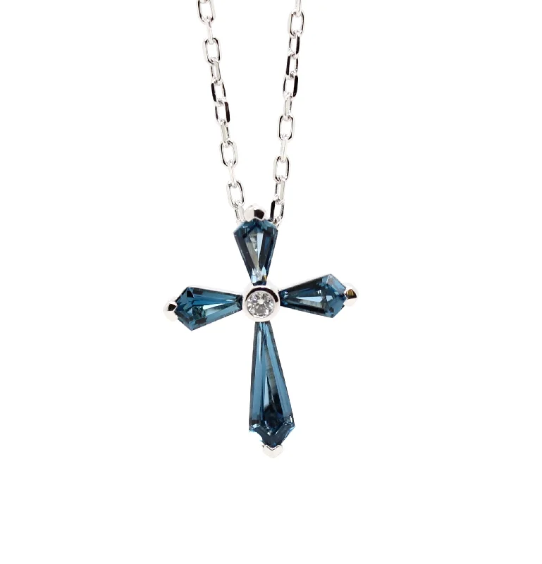 gold choker necklace for women-Blue Topaz & Diamond Cross Pendant