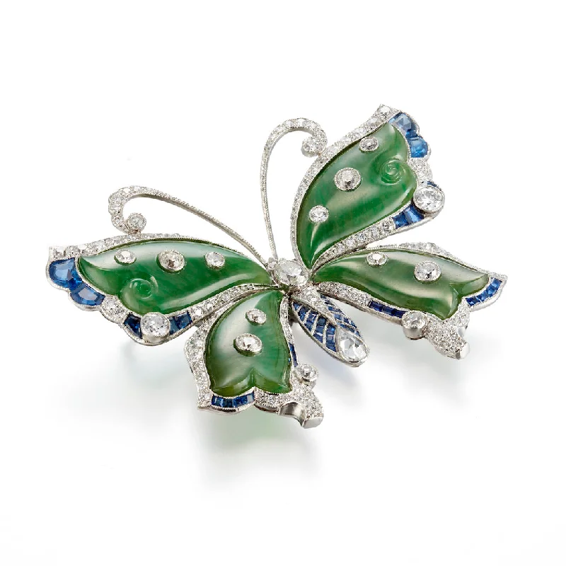 elegant rose brooch for women-Green Jade & Diamond Butterfly Brooch