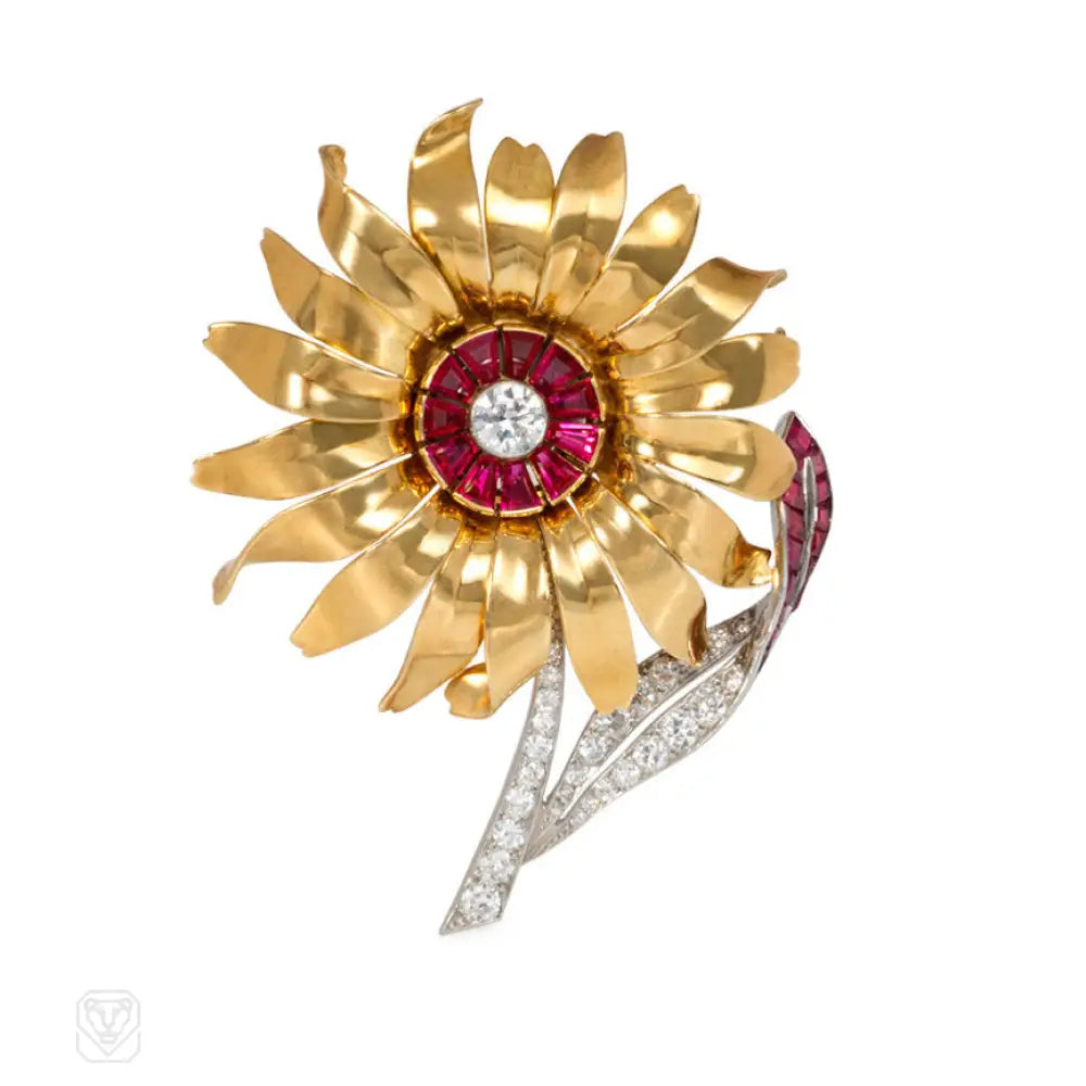 stunning rhinestone brooch for women-Retro gold, ruby and diamond flower brooch, France