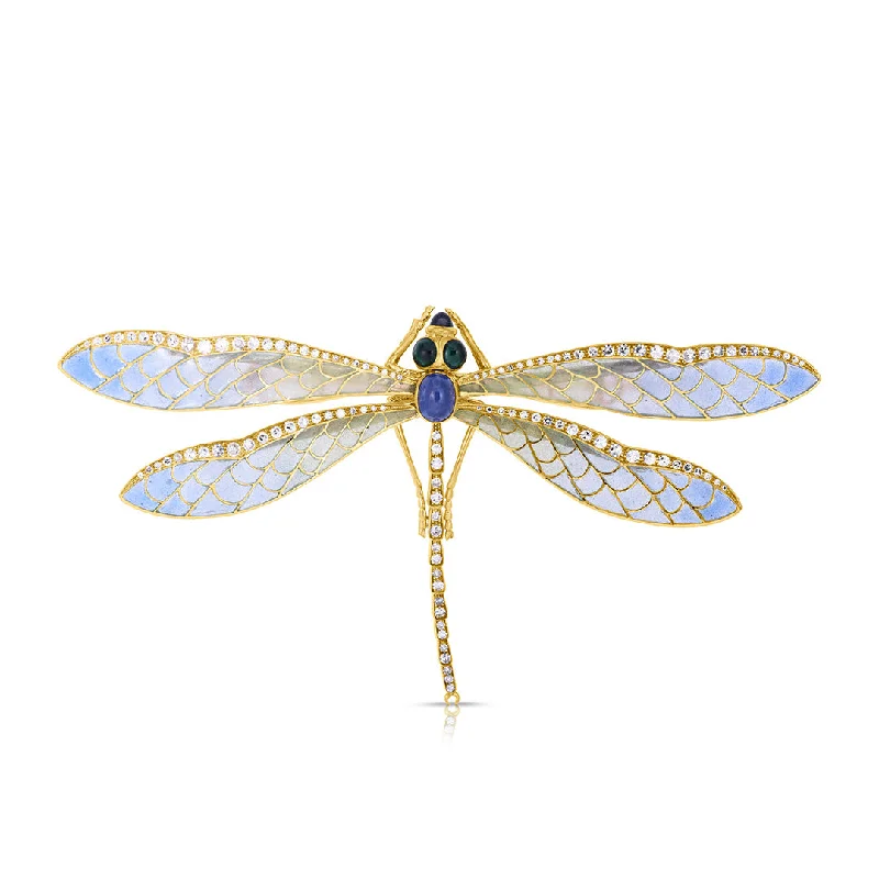 pearl floral brooch for women-Plique-à-Jour Sapphire, Emerald & Diamond Dragonfly Brooch