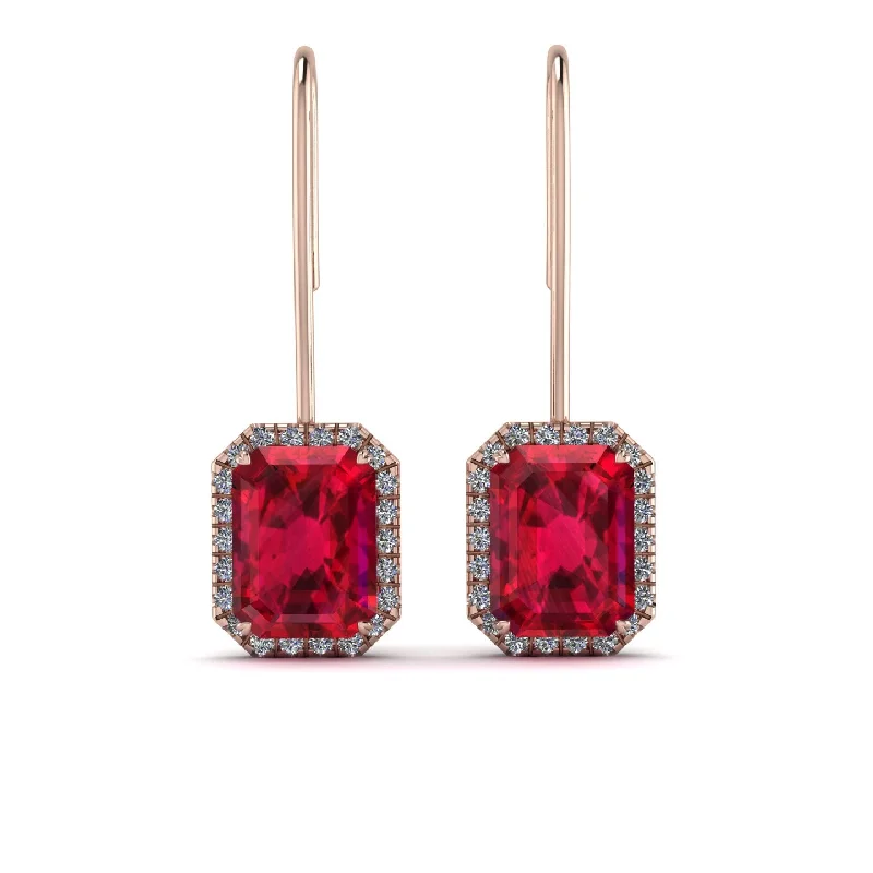 rose gold drop earrings for women-Halo Emerald Cut Ruby Earrings - Izabella No. 11