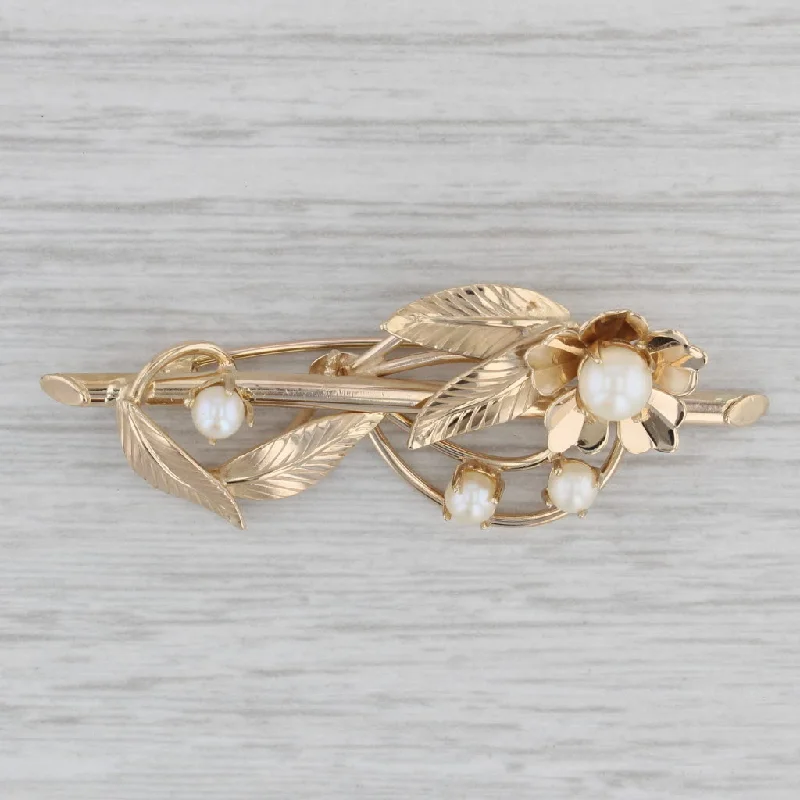 engagement rings with diamonds for women-Vintage Cultured Pearl Flower Brooch 14k Yellow Gold Floral Pin