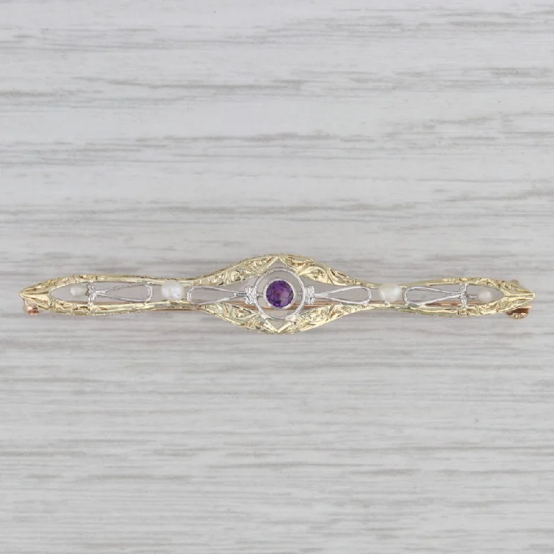 halo engagement rings for women-Vintage Seed Pearl 0.10ct Amethyst Ornate Bar Pin 14k Gold Brooch