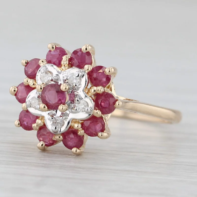 wedding and engagement rings sets for women-0.81ctw Diamond Ruby Flower Ring 14k Yellow Gold Size 6.25